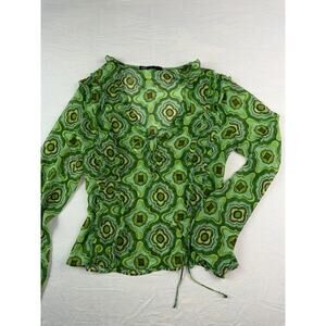 Zara Sheer Mesh Blouse Green Retro Print Tie Front Ruffle Long Sleeve Womens M
